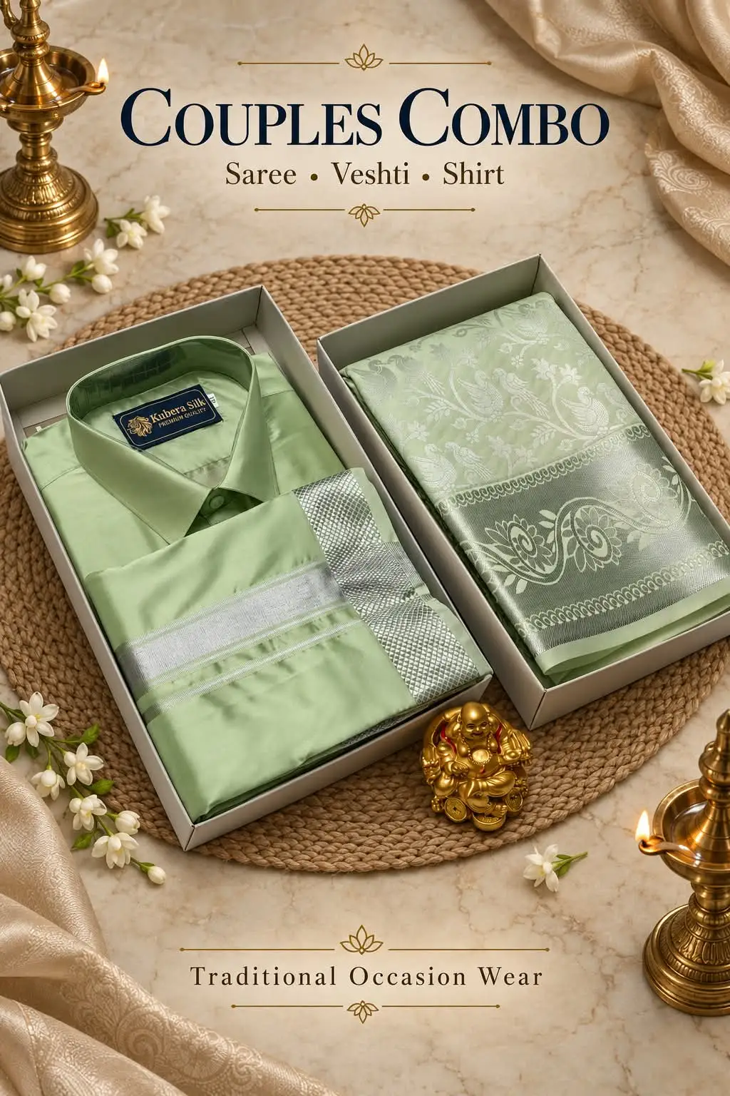Peacock Motif Silver Jari Woven Couple Combo Set